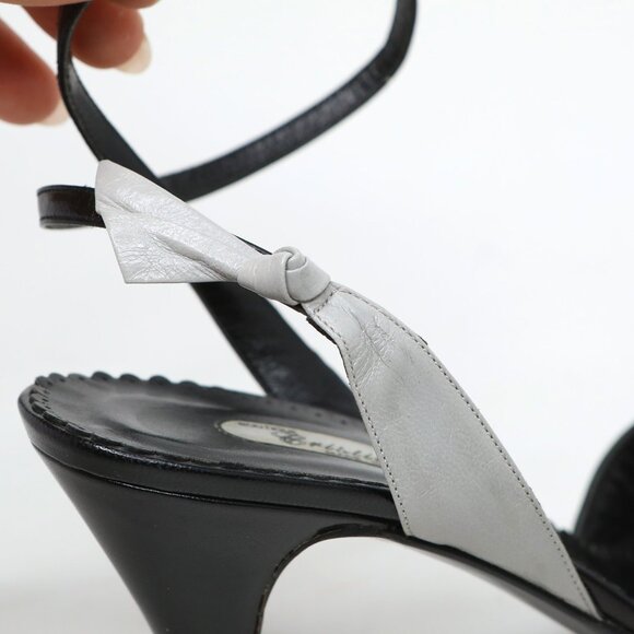 Vintage Cristin Leather Black Grey Two-Tone Ankle Strap Peep-Toe Sandals Pumps - Picture 8 of 14